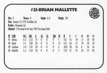 2001 Huntsville Stars #NNO Brian Mallette Back