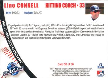2014 Brandt Lakewood BlueClaws #30 Lino Connell Back