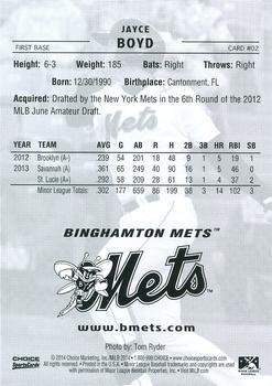 2014 Choice Binghamton Mets #2 Jayce Boyd Back