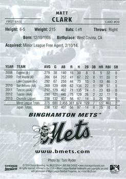 2014 Choice Binghamton Mets #9 Matt Clark Back
