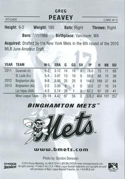 2014 Choice Binghamton Mets #15 Greg Peavey Back