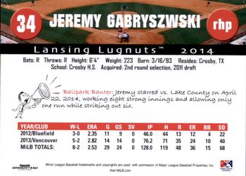 2014 Grandstand Lansing Lugnuts #NNO Jeremy Gabryszwski Back
