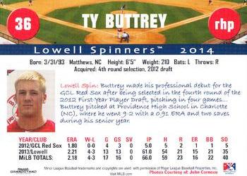 2014 Grandstand Lowell Spinners #NNO Ty Buttrey Back