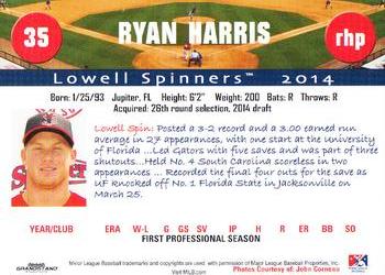 2014 Grandstand Lowell Spinners #NNO Ryan Harris Back