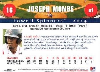 2014 Grandstand Lowell Spinners #NNO Joseph Monge Back