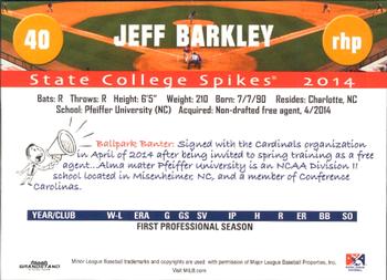 2014 Grandstand State College Spikes #NNO Jeff Barkley Back