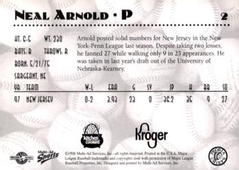 1998 Multi-Ad Peoria Chiefs SGA #2 Neal Arnold Back