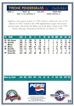 2000 Blueline Q-Cards Richmond Braves #33 Tyrone Pendergrass Back