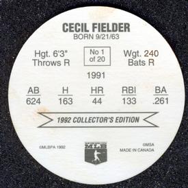 1992 Ben's Super Hitters Discs #1 Cecil Fielder Back