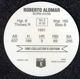1992 Ben's Super Hitters Discs #3 Roberto Alomar Back