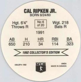 1992 Ben's Super Hitters Discs #6 Cal Ripken Jr. Back