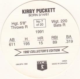 1992 Ben's Super Hitters Discs #7 Kirby Puckett Back