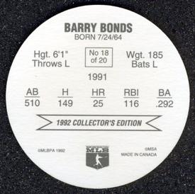 1992 Ben's Super Hitters Discs #18 Barry Bonds Back