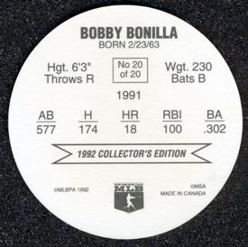 1992 Ben's Super Hitters Discs #20 Bobby Bonilla Back