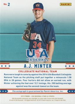 2015 Panini USA Baseball Stars & Stripes - Longevity Signatures Emerald #2 A.J. Minter Back