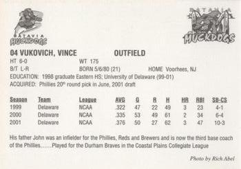 2001 Batavia Muckdogs #04 Vince Vukovich Back