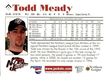 2001 Warning Track New Jersey Jackals #6 Todd Meady Back