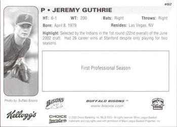 2003 Choice Buffalo Bisons #02 Jeremy Guthrie Back