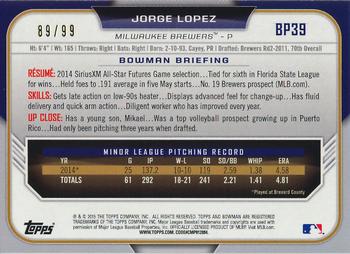 2015 Bowman - Prospects Green (Retail) #BP39 Jorge Lopez Back