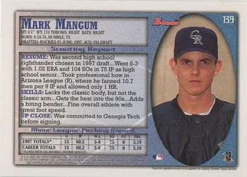 1998 Bowman #139 Mark Mangum Back
