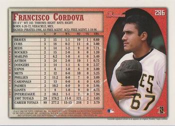 1998 Bowman #286 Francisco Cordova Back