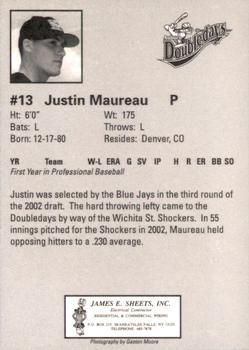 2002 Auburn Doubledays #NNO Justin Maureau Back