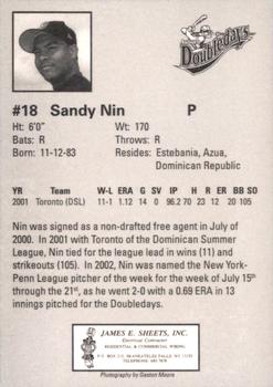 2002 Auburn Doubledays #NNO Sandy Nin Back