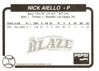 2002 Bakersfield Blaze #1 Nick Aiello Back