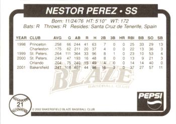 2002 Bakersfield Blaze #21 Nestor Perez Back