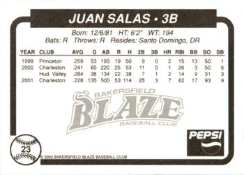 2002 Bakersfield Blaze #23 Juan Salas Back