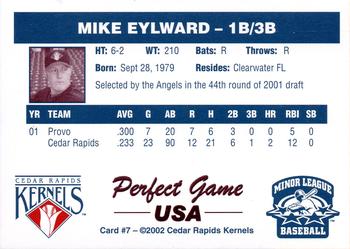2002 Perfect Game Cedar Rapids Kernels #7 Mike Eylward Back