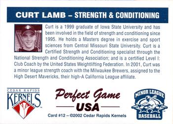 2002 Perfect Game Cedar Rapids Kernels #12 Curt Lamb Back