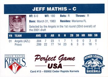 2002 Perfect Game Cedar Rapids Kernels #13 Jeff Mathis Back