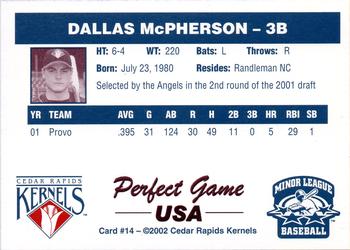 2002 Perfect Game Cedar Rapids Kernels #14 Dallas McPherson Back