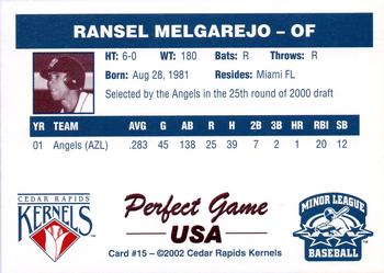 2002 Perfect Game Cedar Rapids Kernels #15 Ransel Melgarejo Back