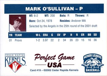 2002 Perfect Game Cedar Rapids Kernels #19 Mark O'Sullivan Back
