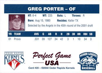 2002 Perfect Game Cedar Rapids Kernels #20 Greg Porter Back