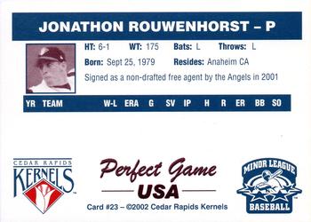 2002 Perfect Game Cedar Rapids Kernels #23 Jonathon Rouwenhorst Back