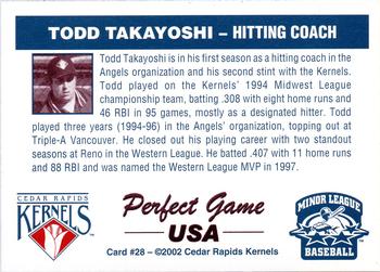 2002 Perfect Game Cedar Rapids Kernels #28 Todd Takayoshi Back