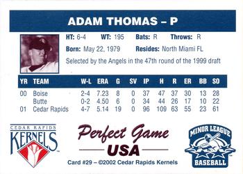 2002 Perfect Game Cedar Rapids Kernels #29 Adam Thomas Back