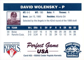 2002 Perfect Game Cedar Rapids Kernels #32 David Wolensky Back