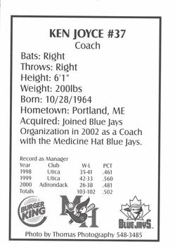 2002 Medicine Hat Blue Jays #NNO Ken Joyce Back