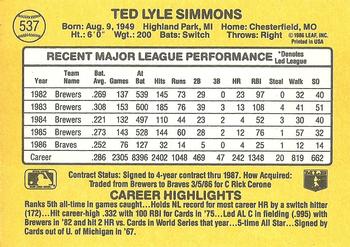 1987 Donruss #537 Ted Simmons Back