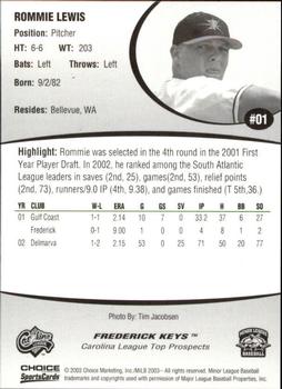 2003 Choice Carolina League Top Prospects #01 Rommie Lewis Back