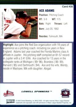 2003 Choice Lowell Spinners #35 Ace Adams Back