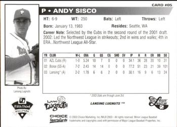 2003 Choice Midwest League All-Stars #05 Andy Sisco Back