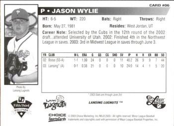 2003 Choice Midwest League All-Stars #06 Jason Wylie Back