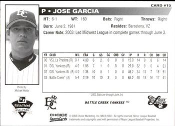 2003 Choice Midwest League All-Stars #15 Jose Garcia Back