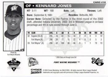2003 Choice Midwest League All-Stars #18 Kennard Jones Back