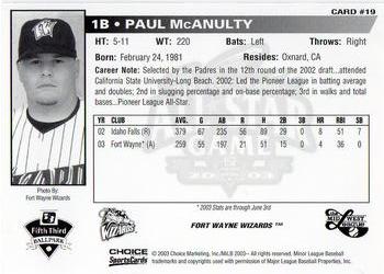 2003 Choice Midwest League All-Stars #19 Paul McAnulty Back